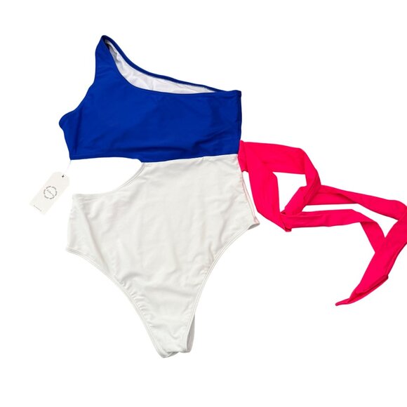 Lillusory One Shoulder Colorblock Swimsuit Size Medium Cut Out One Piece Neon Pi - Picture 8 of 9